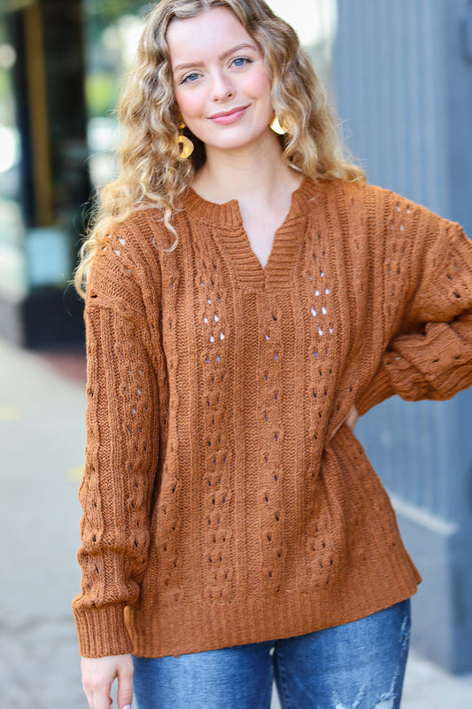 Can't Resist Rust Cable Knit Notched Neck Pullover Sweater