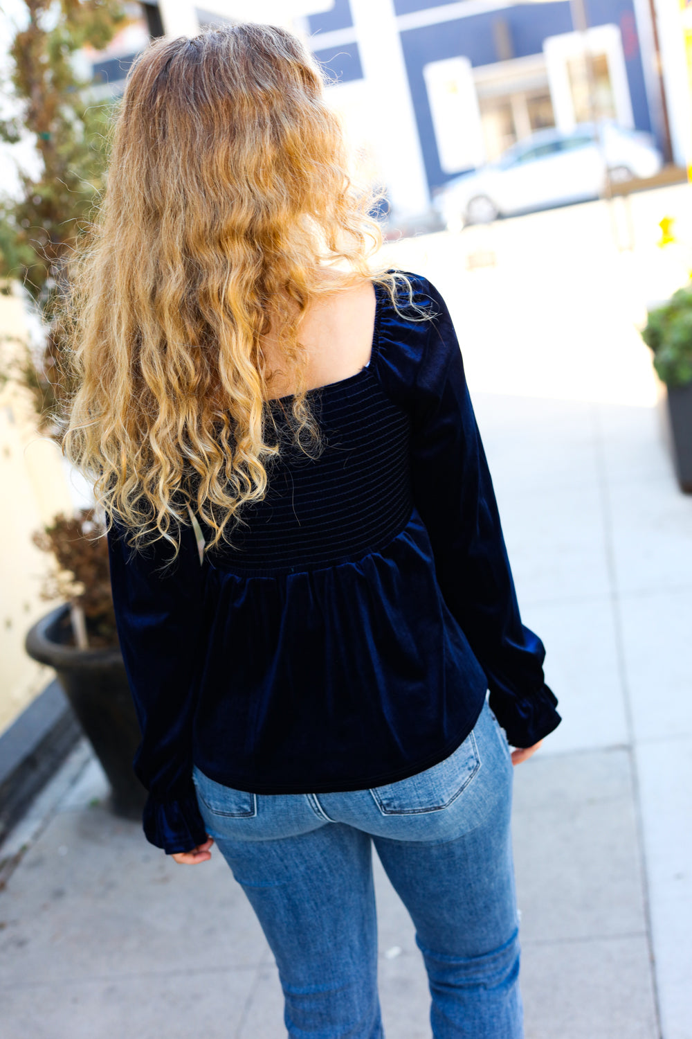 Shine Your Light Navy Crushed Velvet Smocked Ruffle Top – Shop All Around  Divas