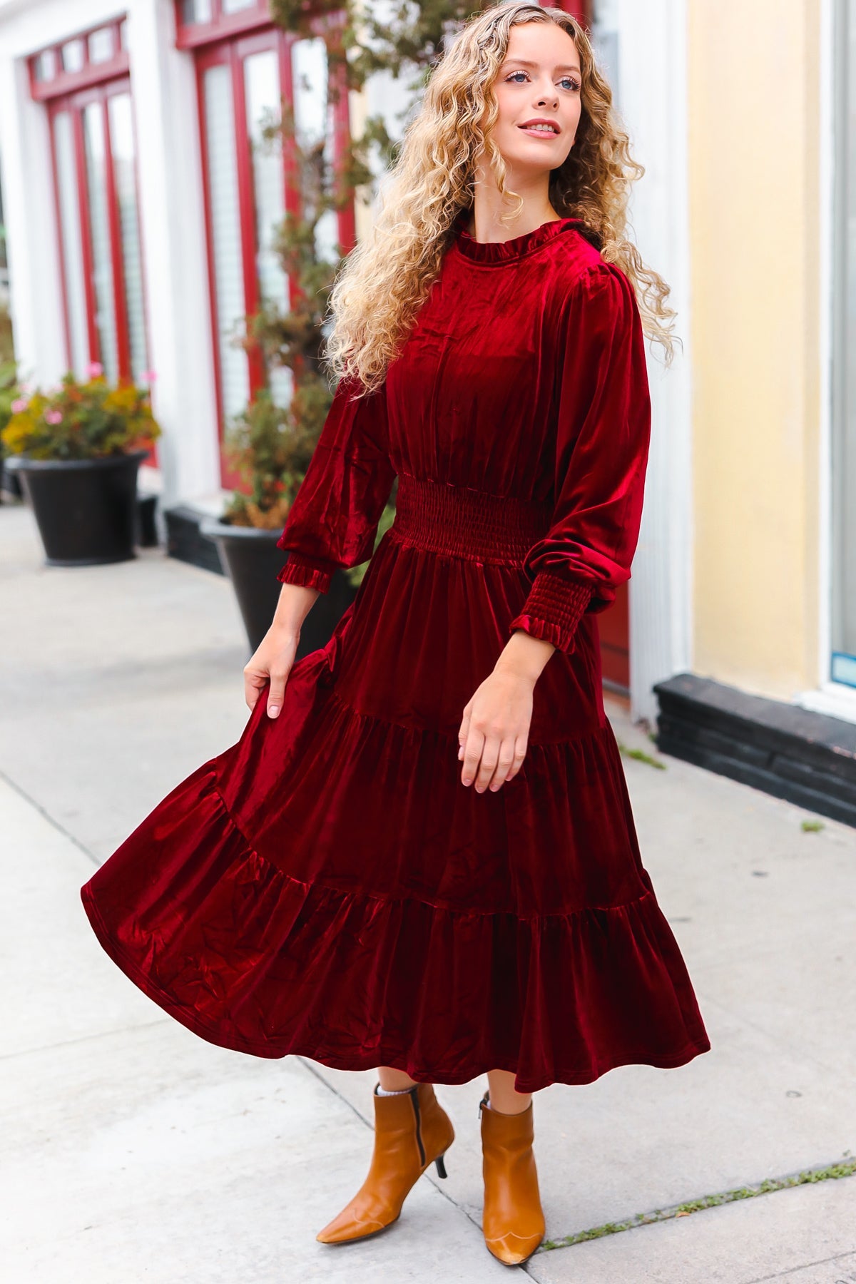 Holiday Dreaming Burgundy Velvet Mock Neck Smocked Waist Dress