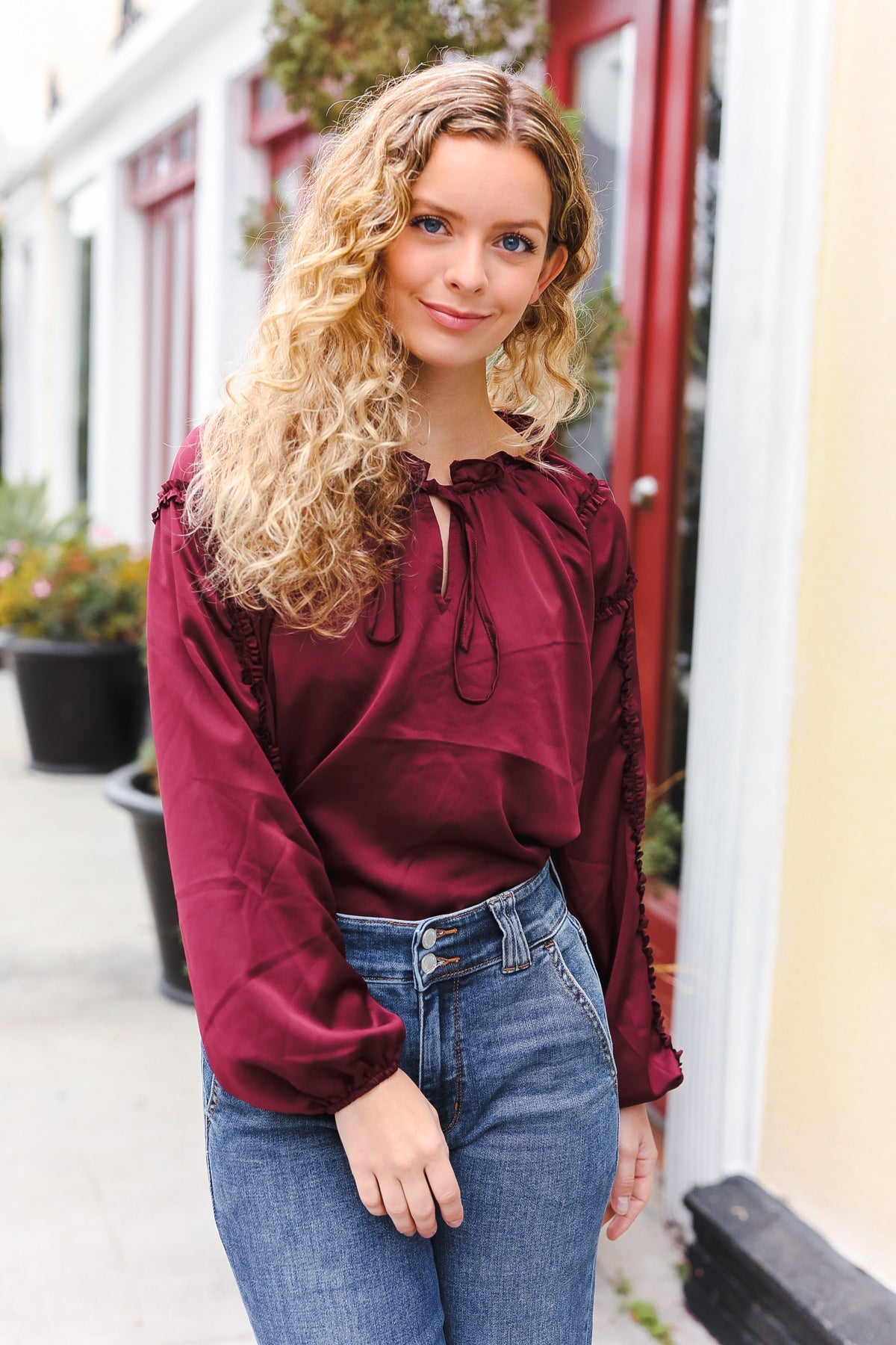 Holiday Vibes Burgundy Frill Detail Tie Neck Satin Top