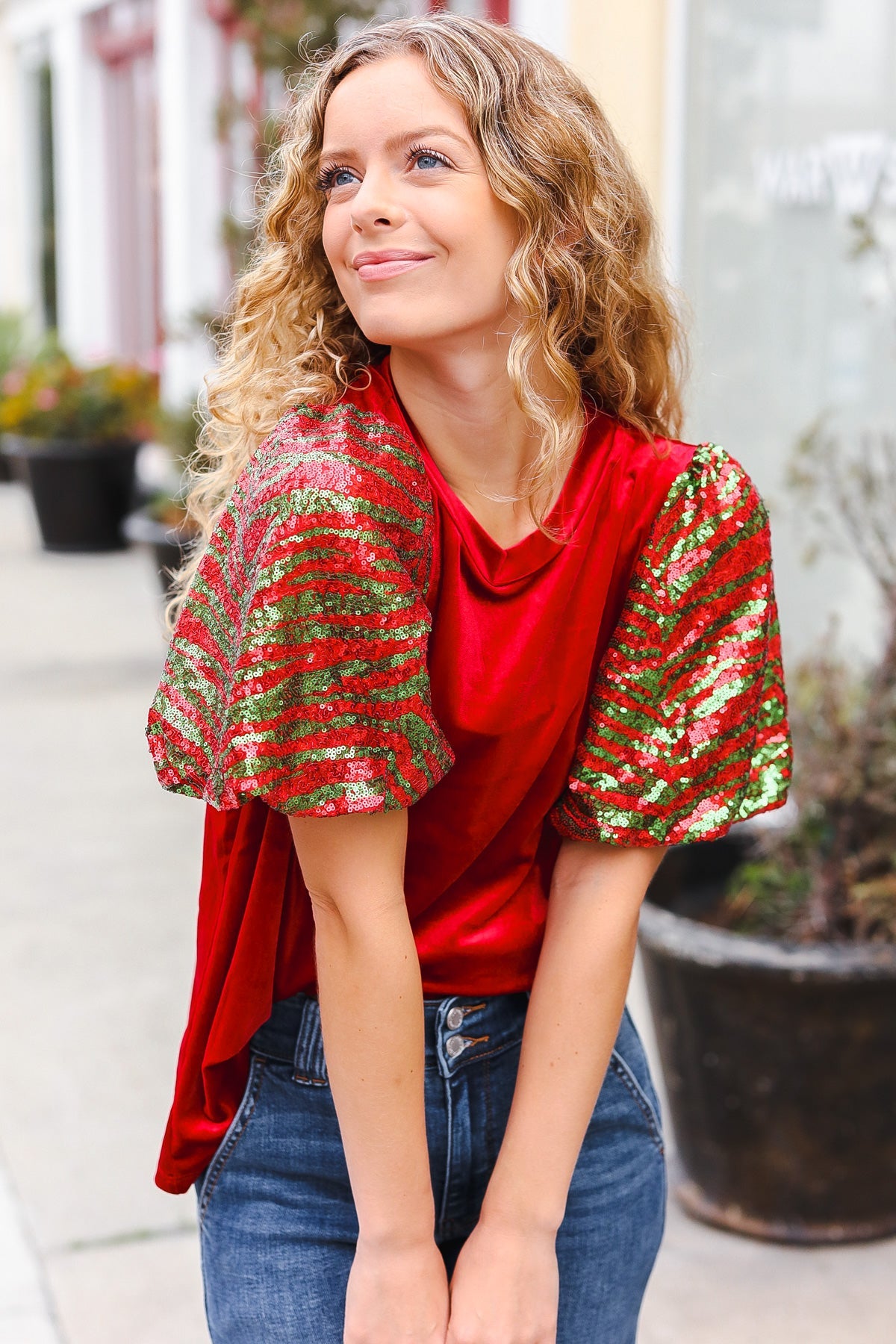 Warmest Wishes Red & Green Sequin Puff Sleeve Velvet Top