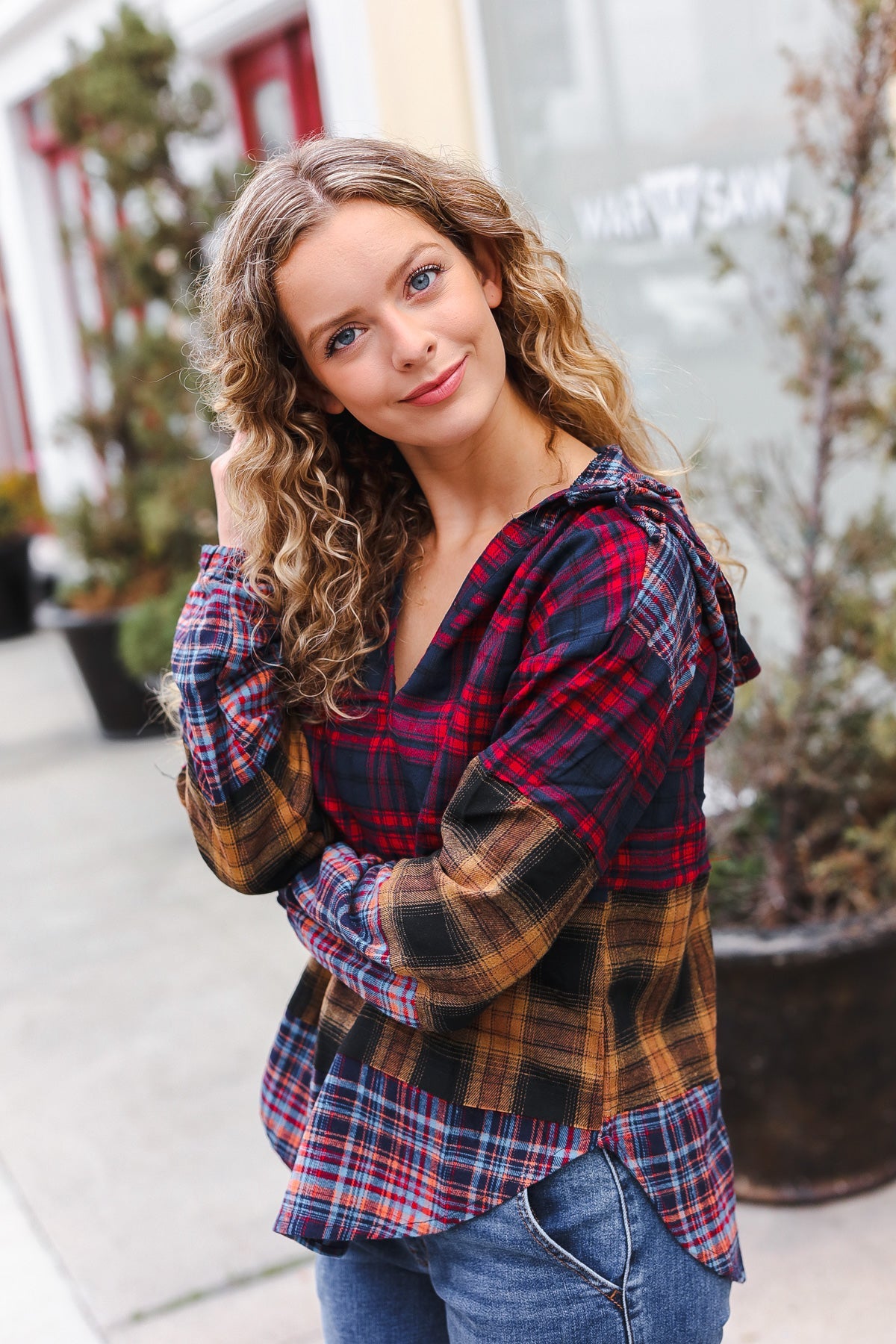 Holiday Ready Red & Mustard Plaid Notched Neck Flannel Hoodie