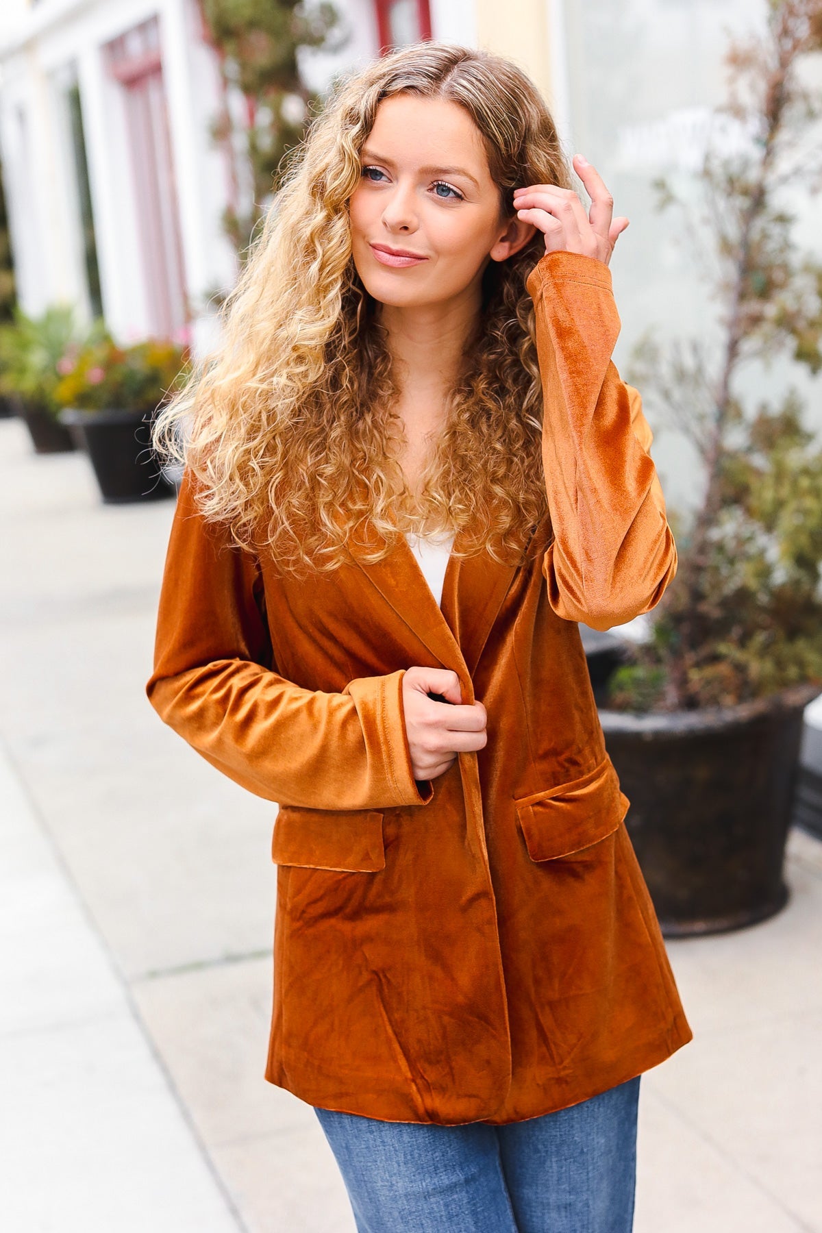 Holiday Stunner Rust Velvet Lapel Blazer