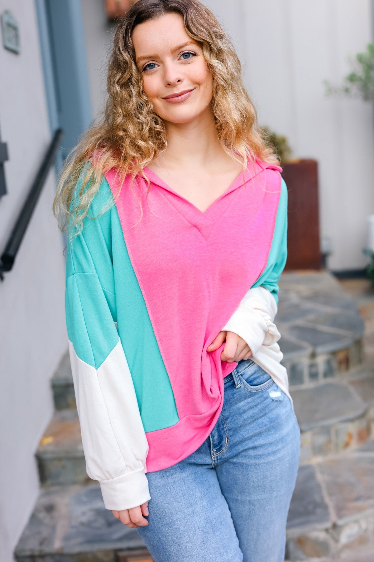 Stand Out Hot Pink & Mint V Neck Collared Terry Color Block Top