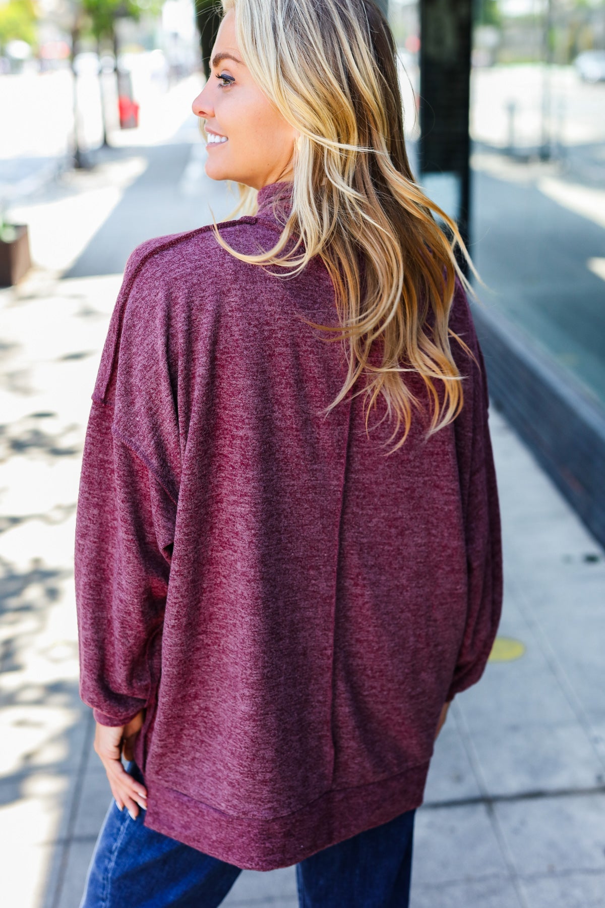 Weekend Ready Burgundy Brushed Mélange Mock Neck Sweater