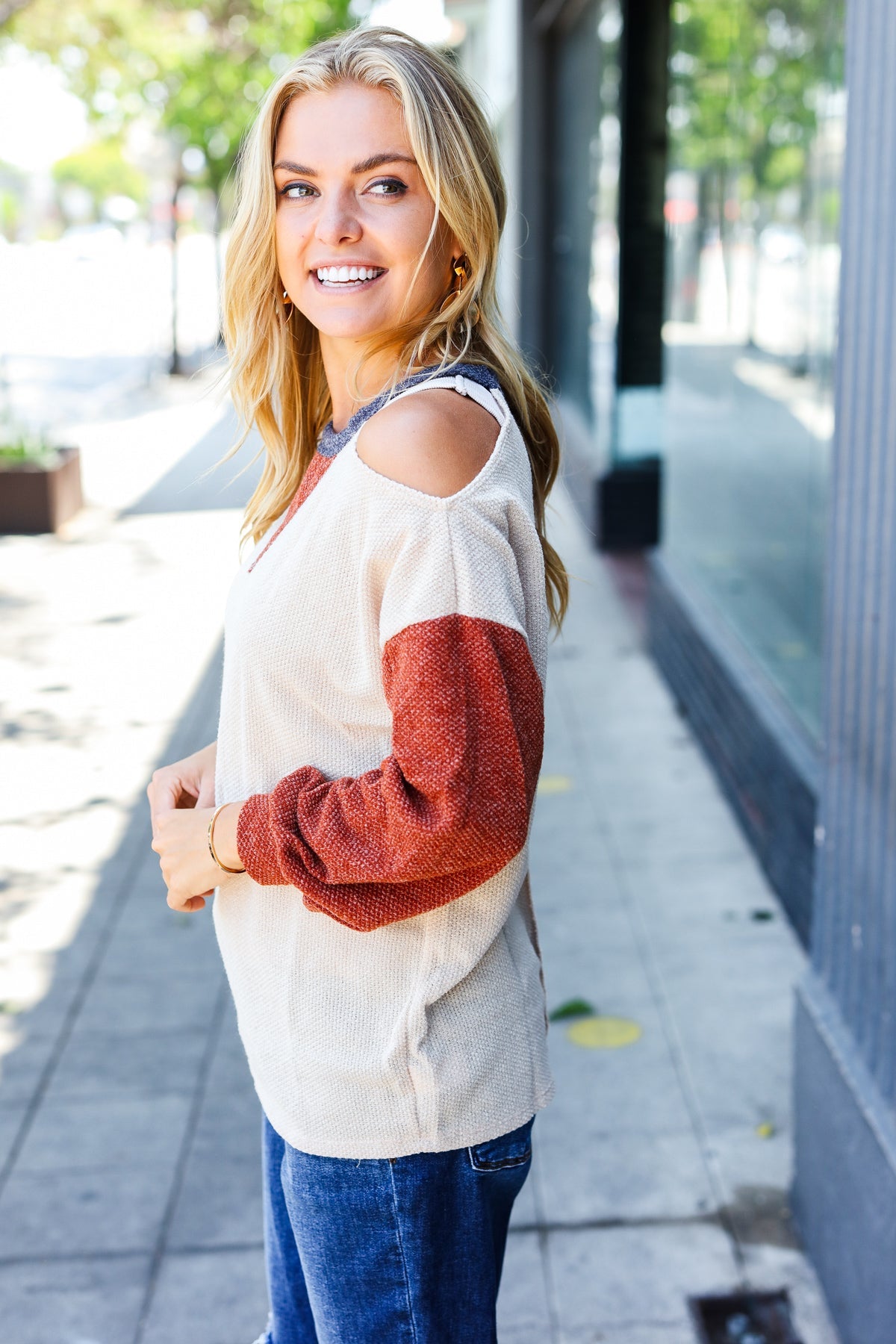 Oatmeal Textured Sweater Knit Cold Shoulder Top