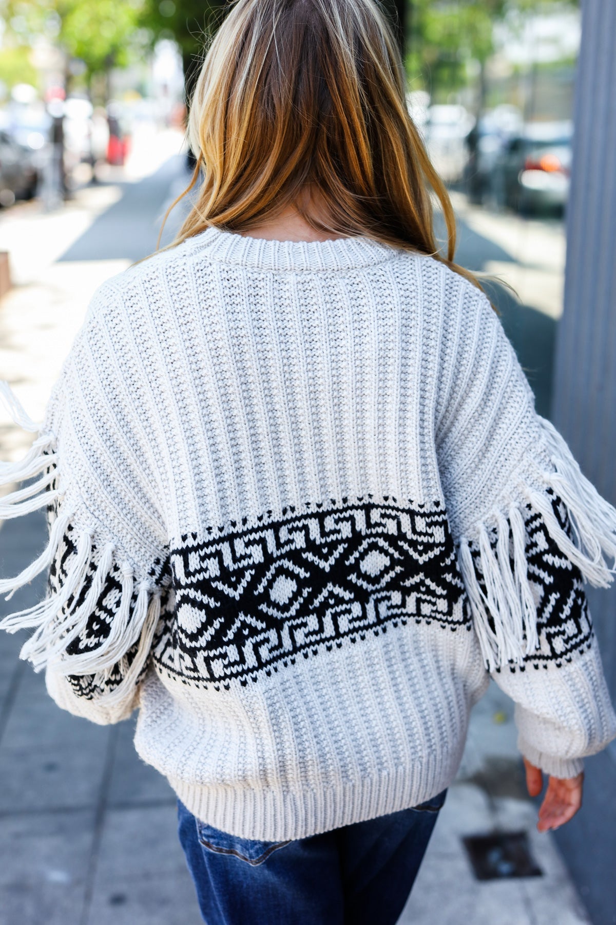 Ready For Anything Taupe & Black Tassel Aztec Sweater