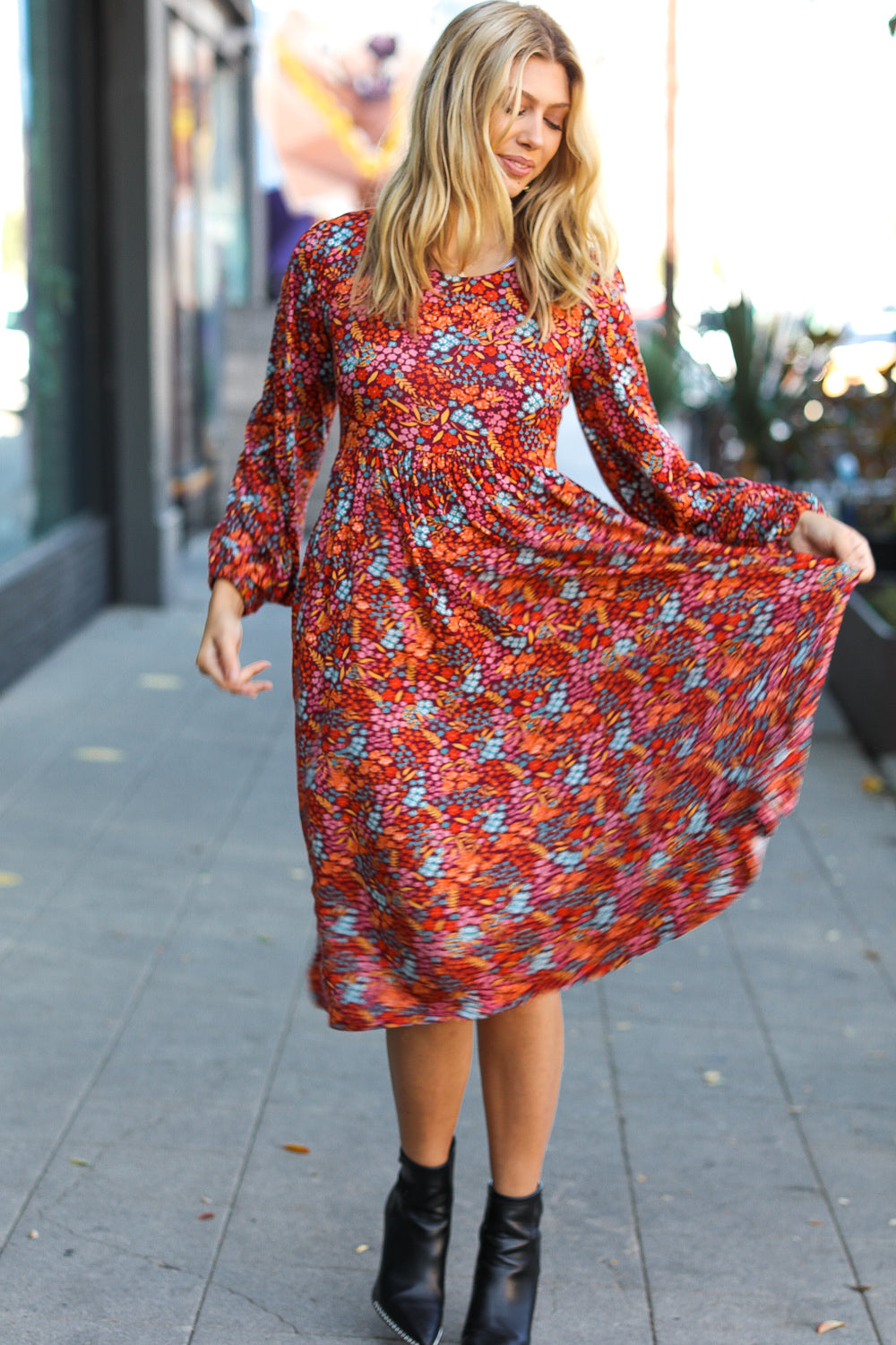 Just For Me Rust Ditzy Floral Fit & Flare Midi Dress