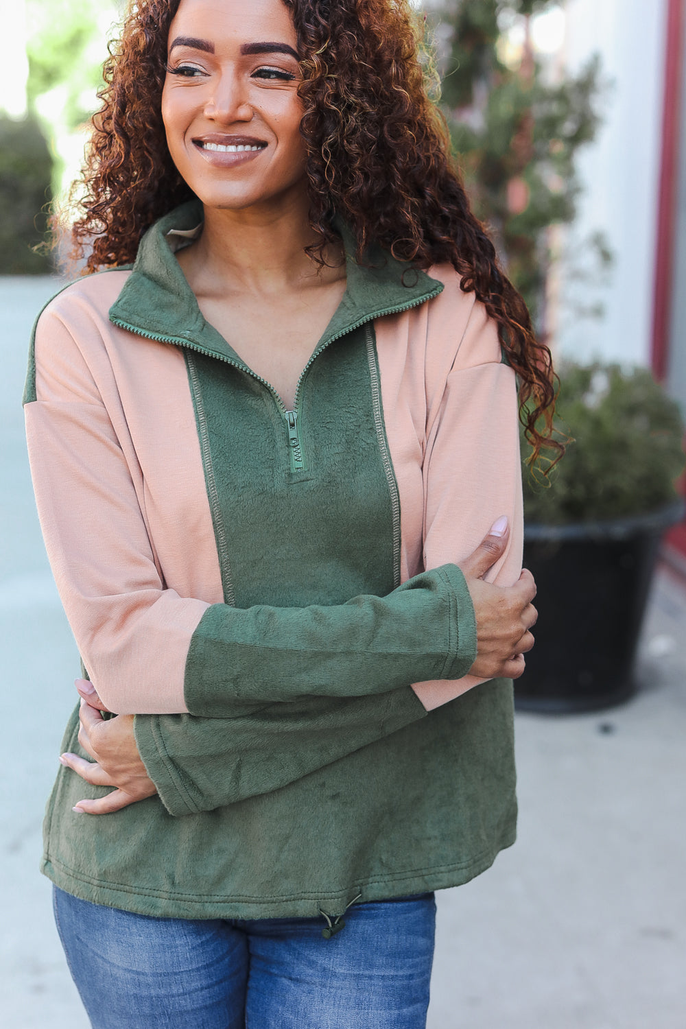 Holiday Vibes Taupe/Green Fleece Zip Up Cinched Hem Pullover