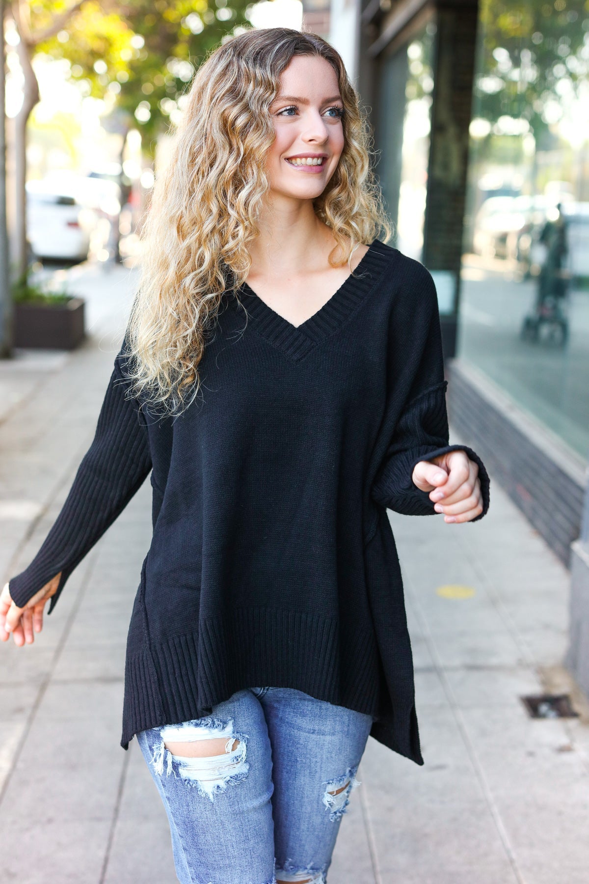 Casual Chic Black Oversized V Neck Rib Knit Sweater