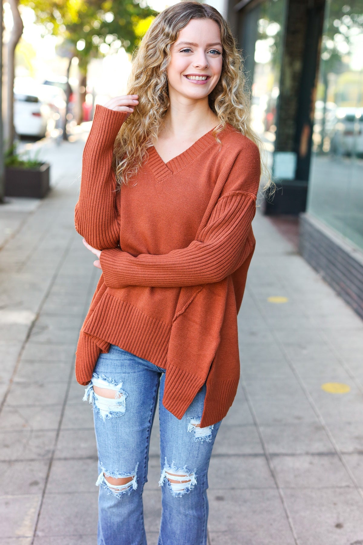 Casual Chic Rust Oversized V Neck Rib Knit Sweater