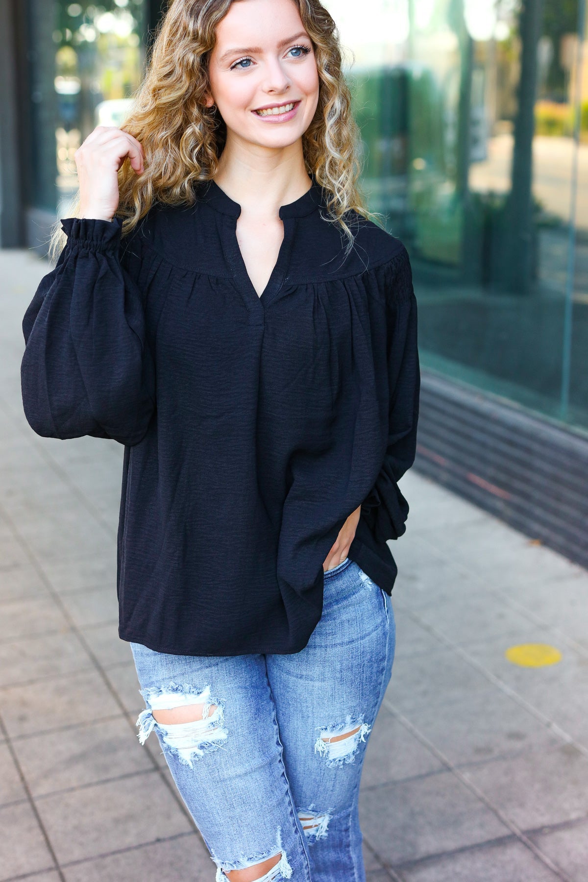 Boho Vibes Black Notched Neck Smocked Bubble Sleeve Top