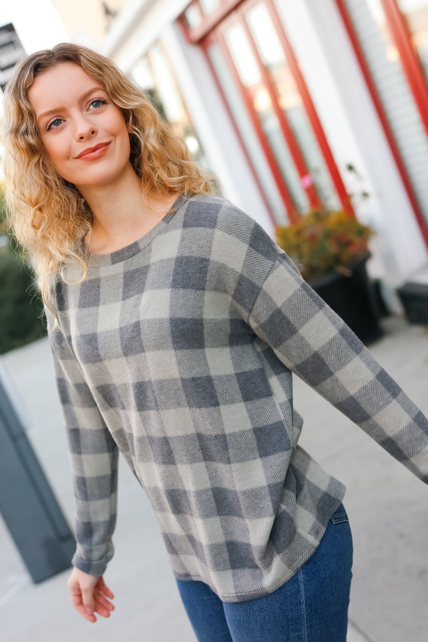 Check It Out Olive Grey Checker Plaid Hacci Pullover