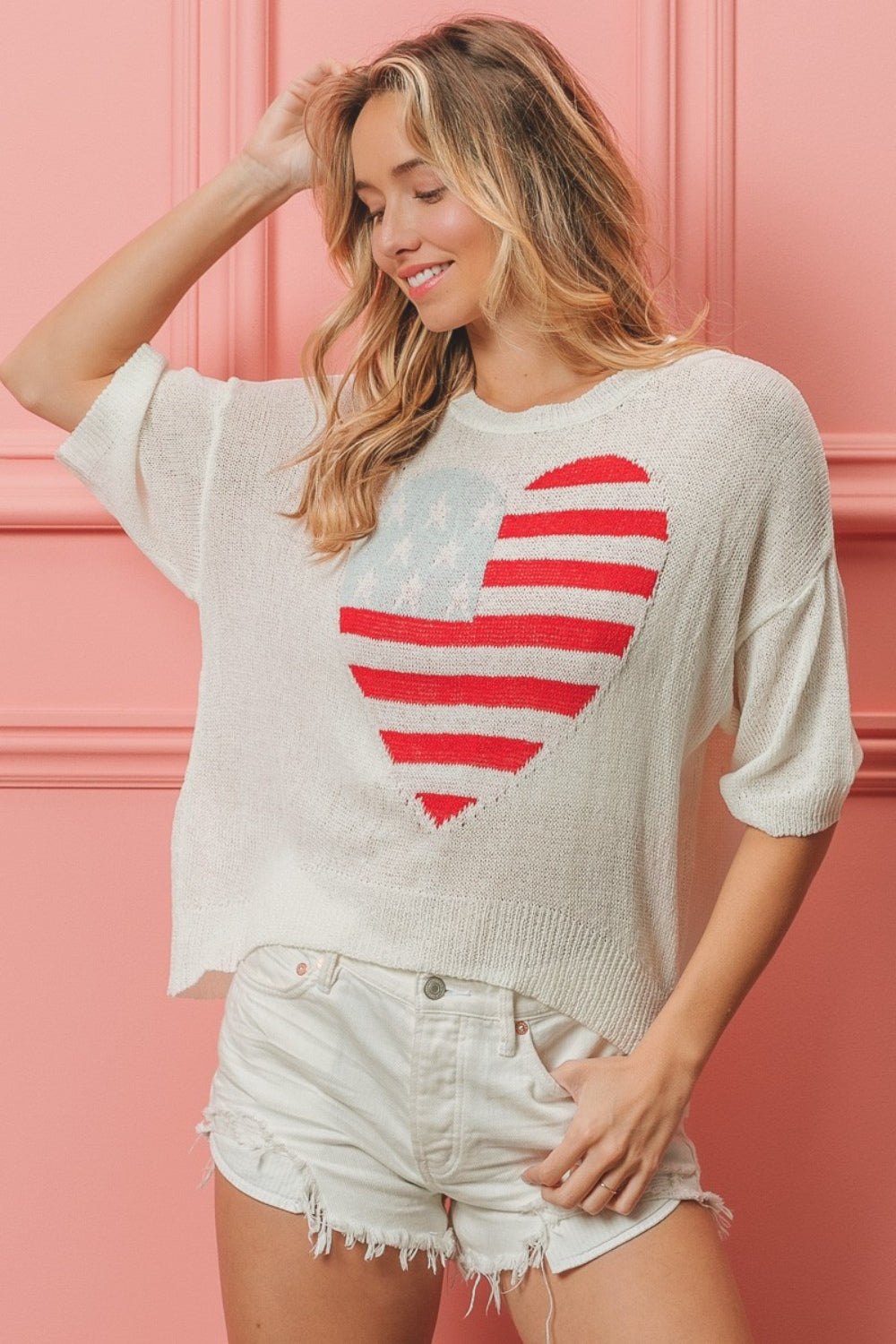 BiBi Striped Heart Contrast Knit Top - Shop All Around Divas