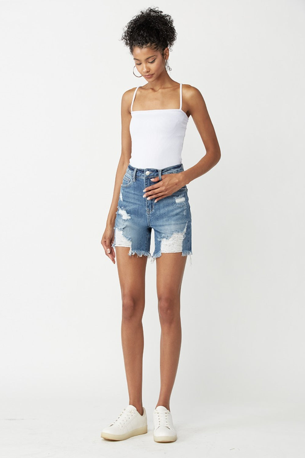 RISEN High Waisted Distressed Denim Shorts - Shop All Around Divas