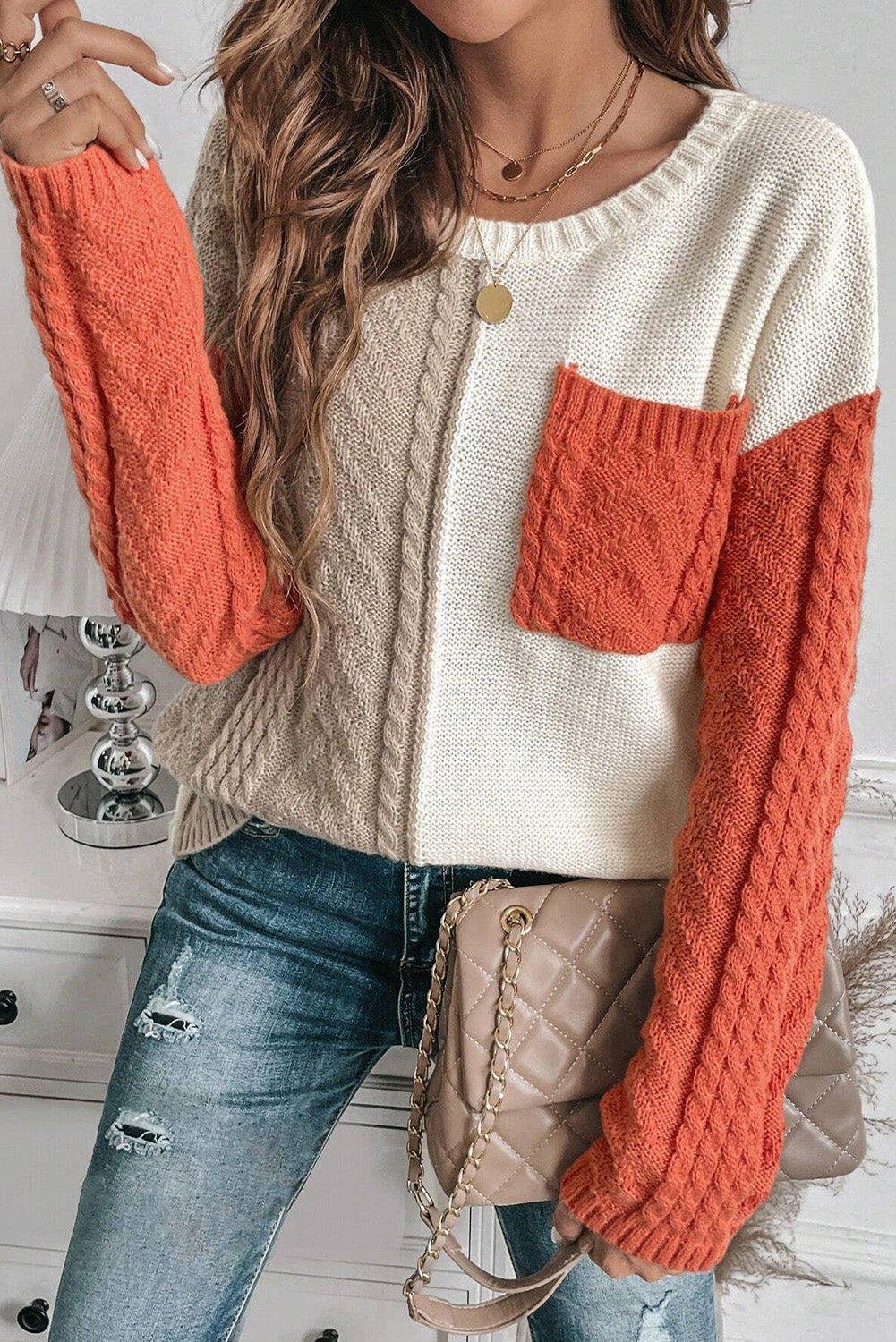 Color Block Round Neck Long Sleeve Sweater Trendsi