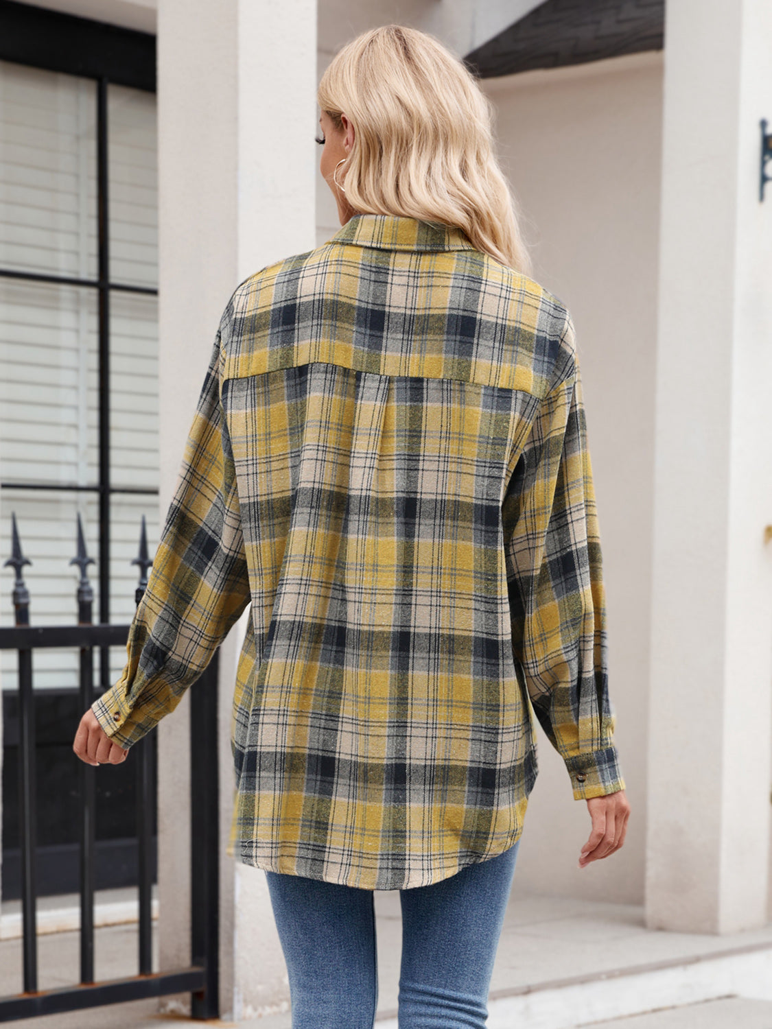 Pocketed Plaid Collared Neck Long Sleeve Shirt- 6 Styles Trendsi