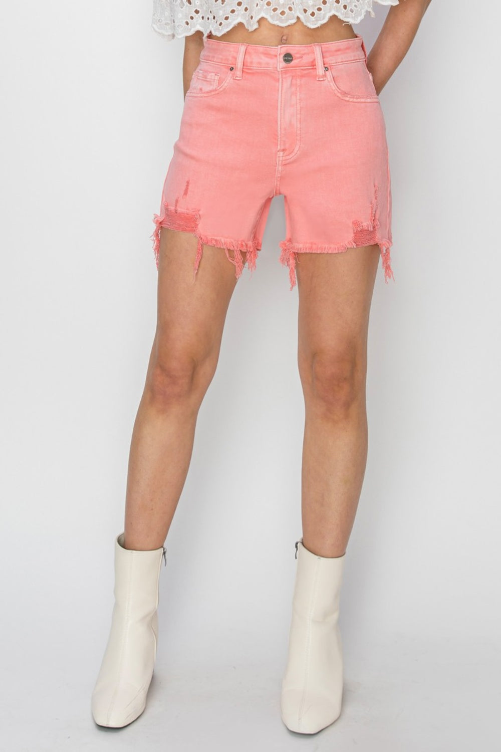 RISEN High Rise Distressed Denim Shorts - Shop All Around Divas