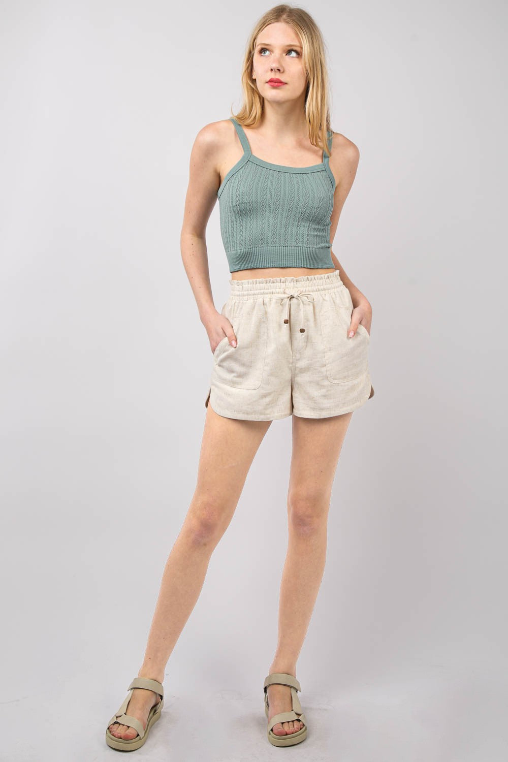 VERY J Drawstring Elastic Waist Linen Shorts Trendsi