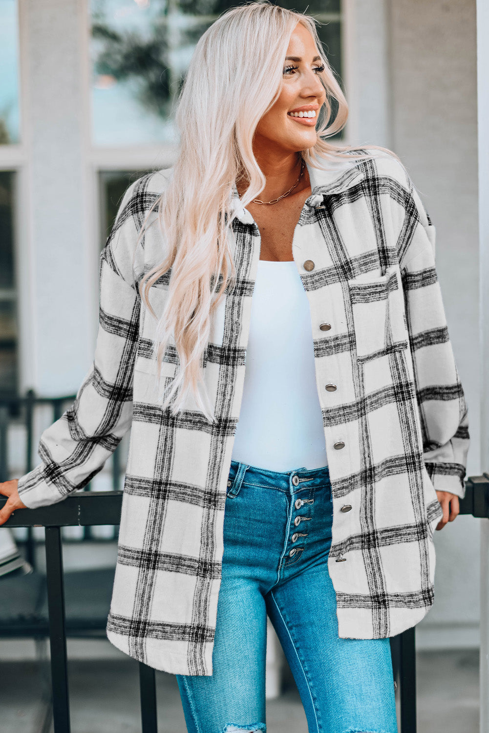 Plaid Curved Hem Dropped Shoulder Longline Shirt Jacket - Multiple Colors