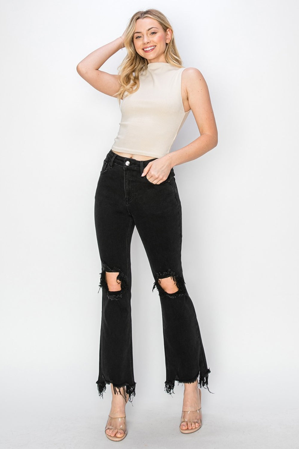 RISEN DRUNK IN LOVE Distressed Raw Hem Jeans with Pockets Trendsi