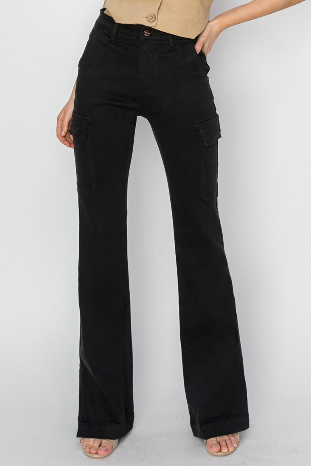 Risen Full Size High Rise Side Slit Cargo Bootcut Jeans Trendsi