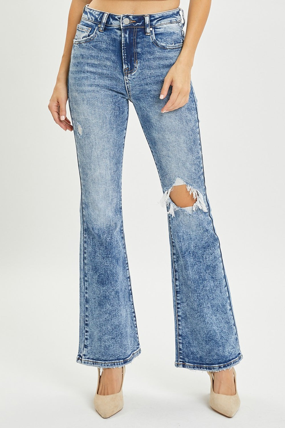 RISEN Full Size High Rise Distressed Flare Jeans - Shop All Around Divas