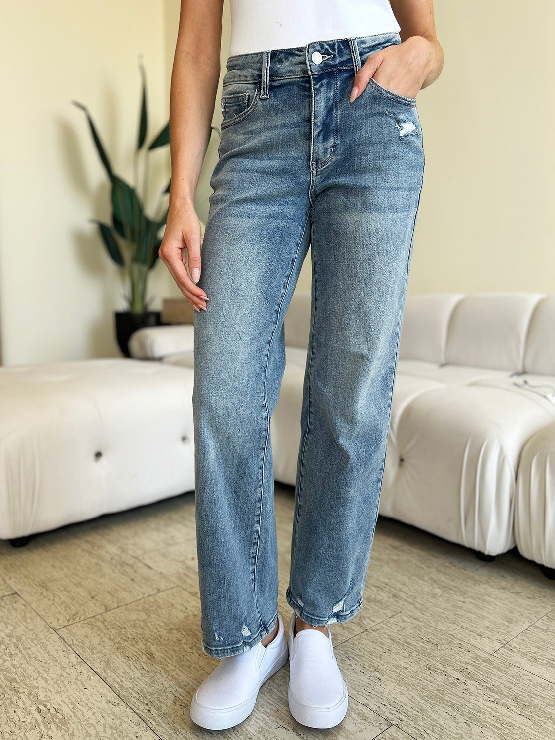 Judy Blue Full Size High Waist Distressed Straight Jeans - Shop All Around Divas