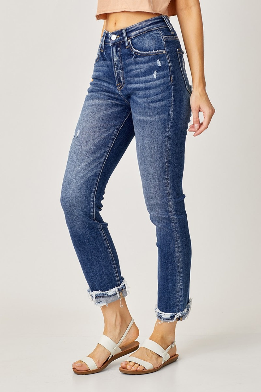 Risen Full Size High-Rise Frayed Cuffed Straight Jeans Trendsi