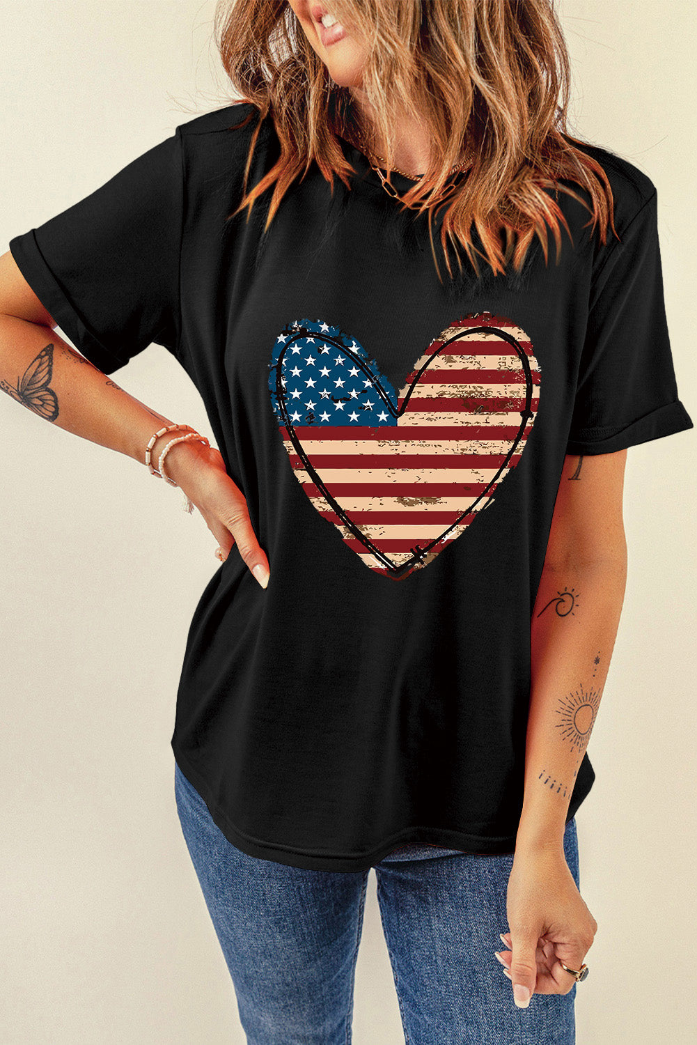 Stars and Stripes Heart Round Neck Short Sleeve T-Shirt - Shop All Around Divas