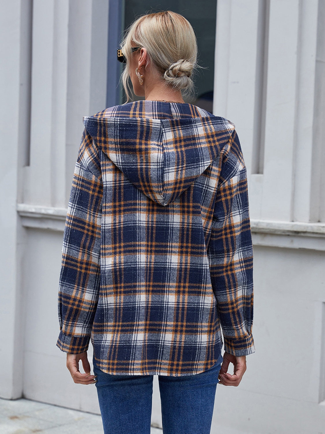 Plaid Button Up Long Sleeve Hooded Jacket Trendsi