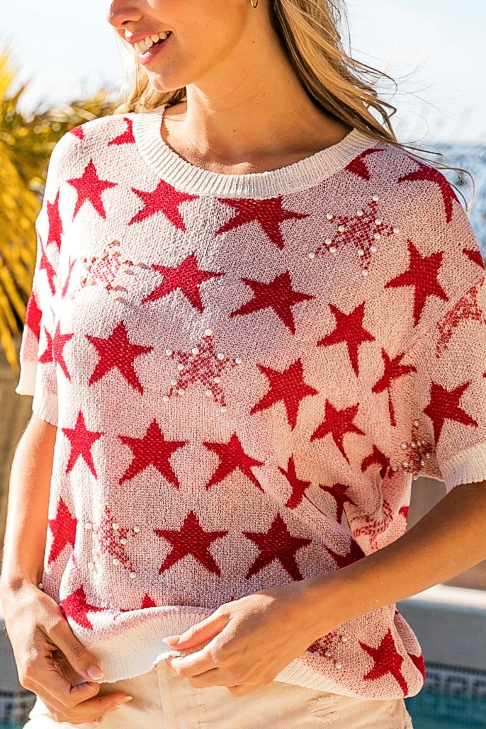 BiBi Star Pattern Round Neck Short Sleeve Knit Top - Shop All Around Divas