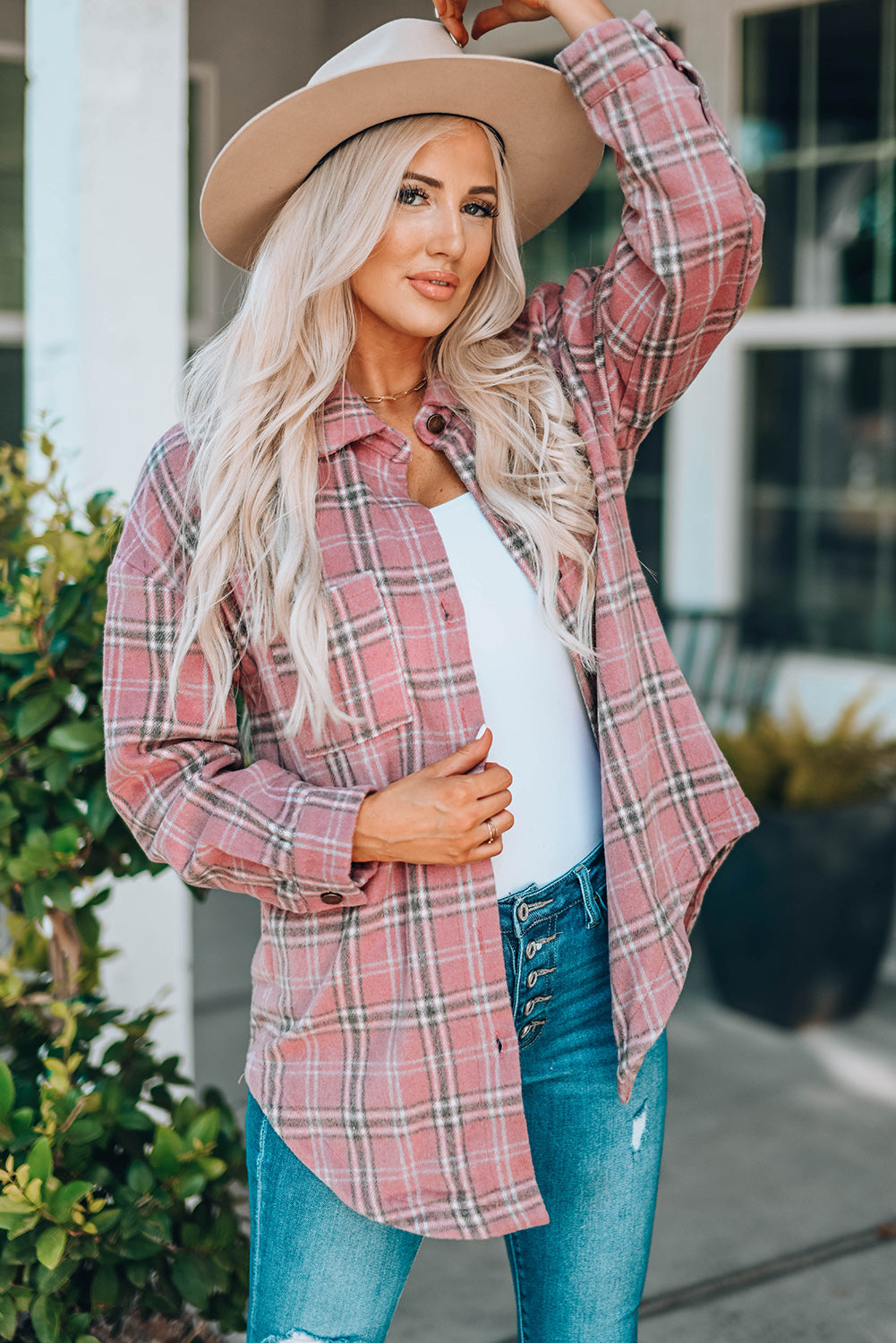 Plaid Curved Hem Dropped Shoulder Longline Shirt Jacket - Multiple Colors