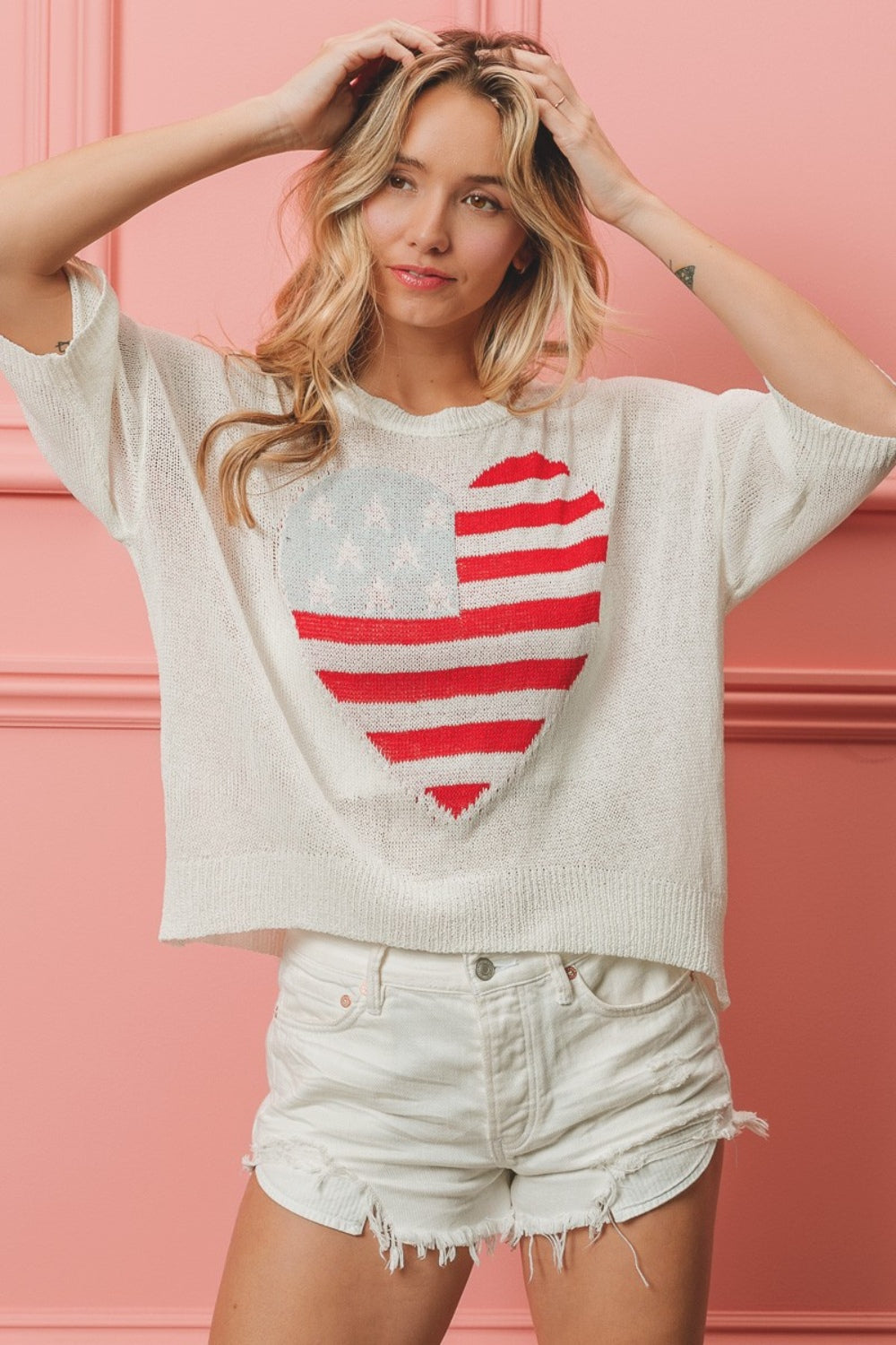 BiBi Striped Heart Contrast Knit Top - Shop All Around Divas