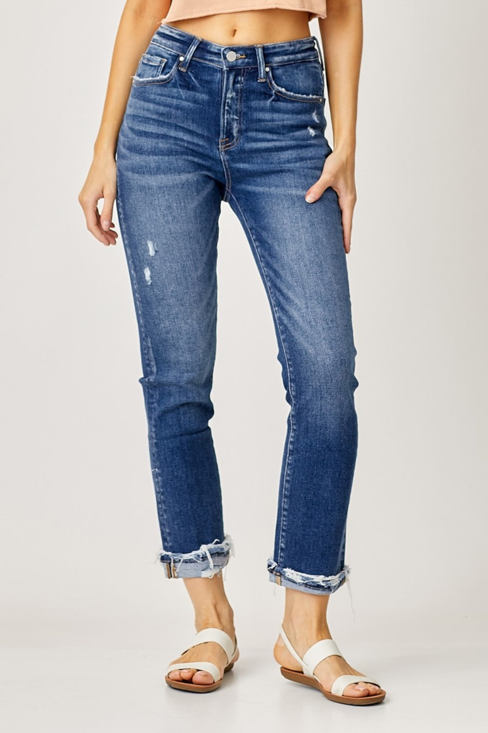 Risen Full Size High-Rise Frayed Cuffed Straight Jeans Trendsi