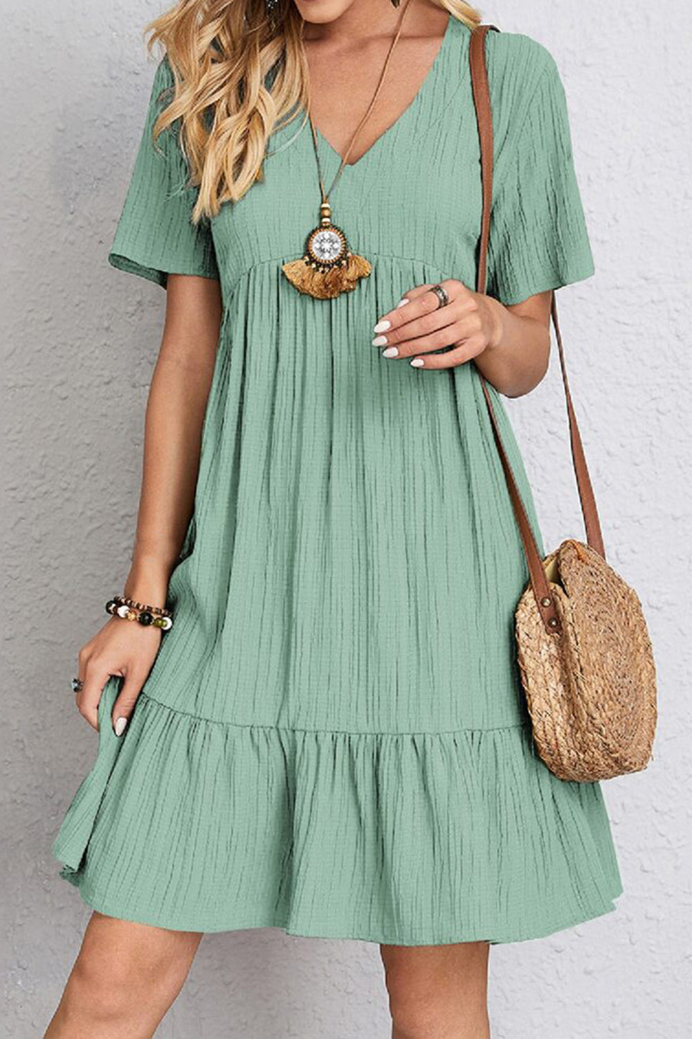 Full Size Ruched V-Neck Short Sleeve Dress - 7 Colors - Shop All Around Divas