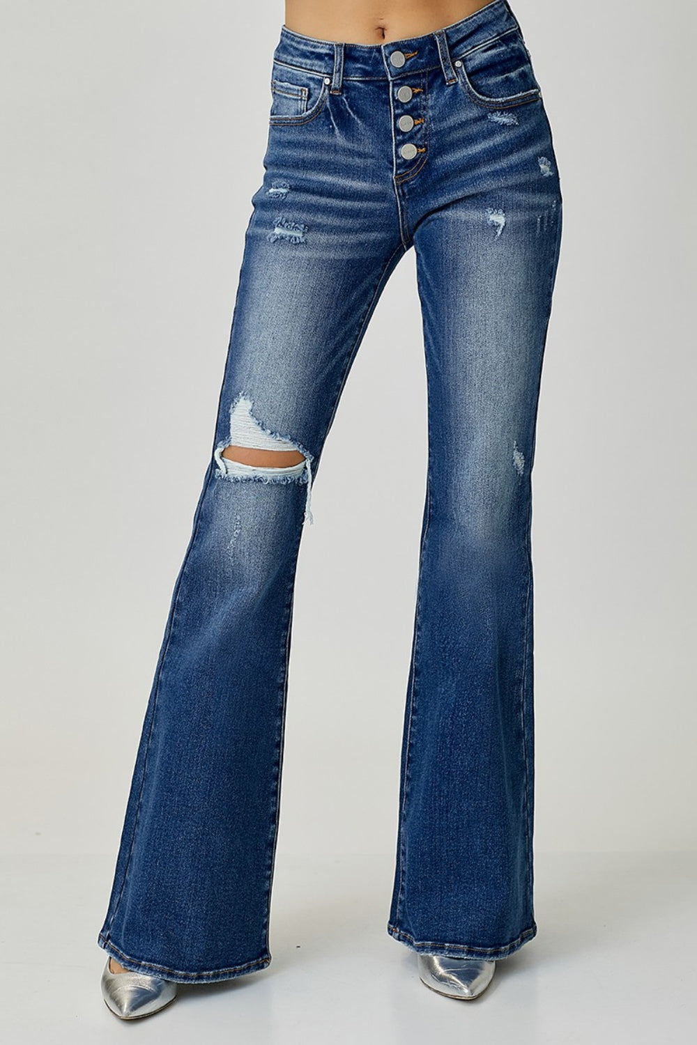 RISEN Change of Plans Distressed Button-Fly Flare Jeans Trendsi