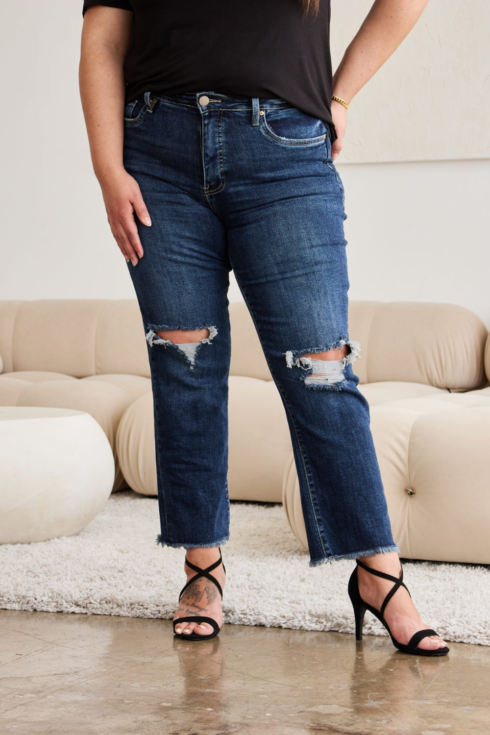 RFM Full Size Tummy Control Distressed High Waist Raw Hem Jeans - Shop All Around Divas