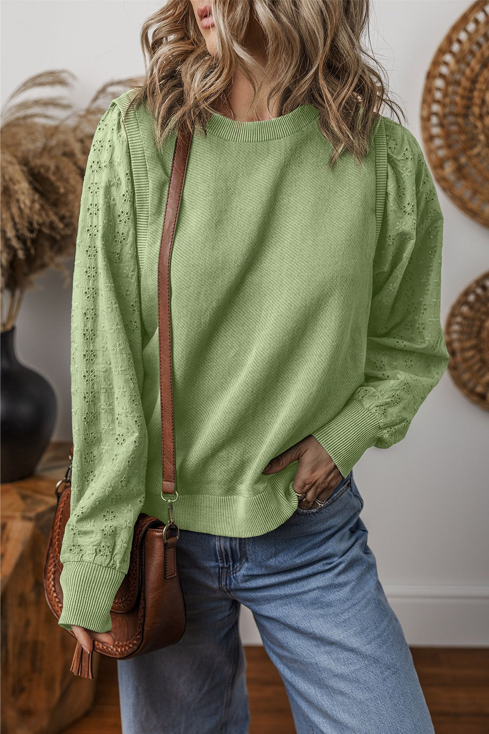Eyelet Round Neck Long Sleeve Sweatshirt - 5 colors Trendsi