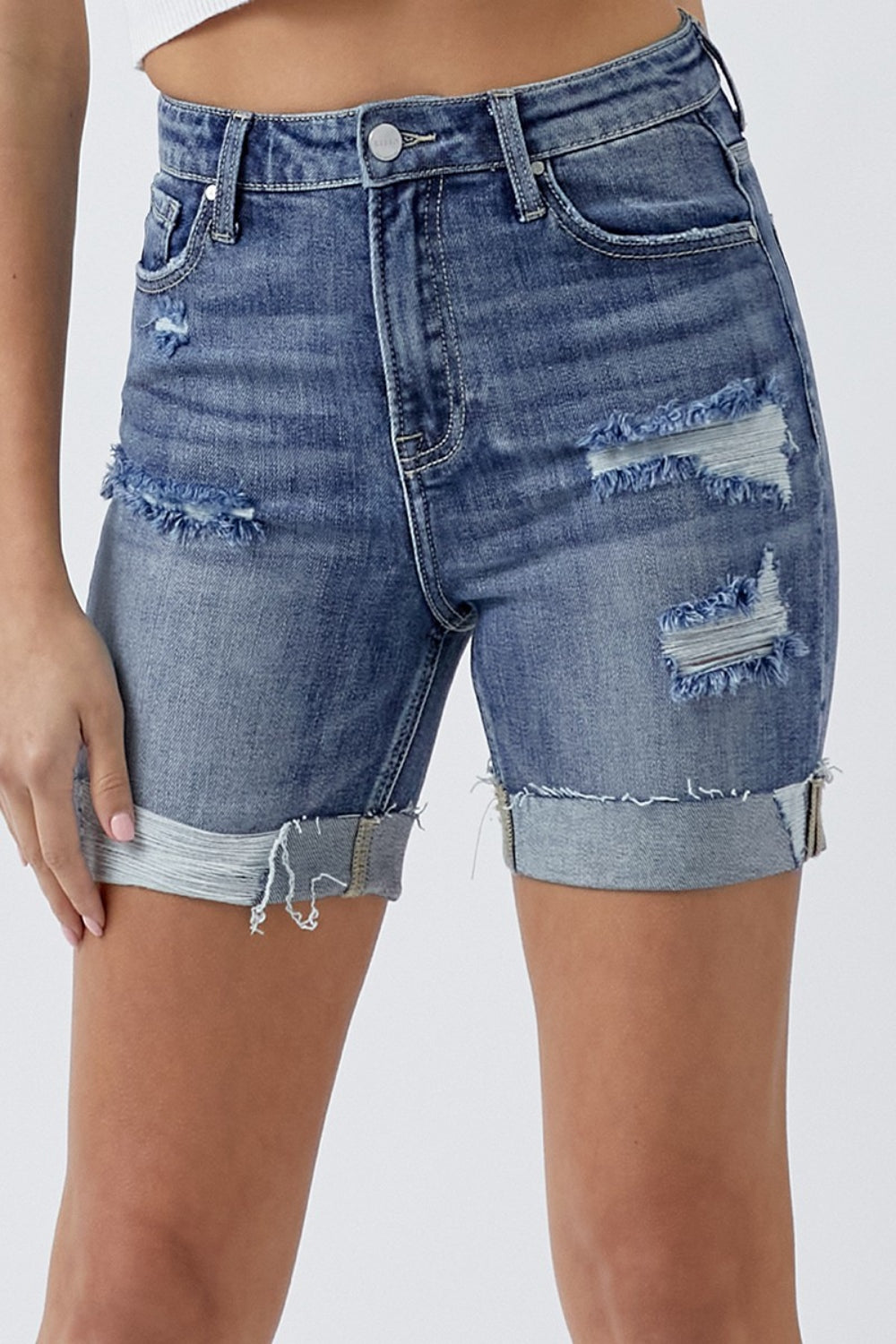 RISEN Full Size Distressed Rolled Denim Shorts with Pockets - Shop All Around Divas