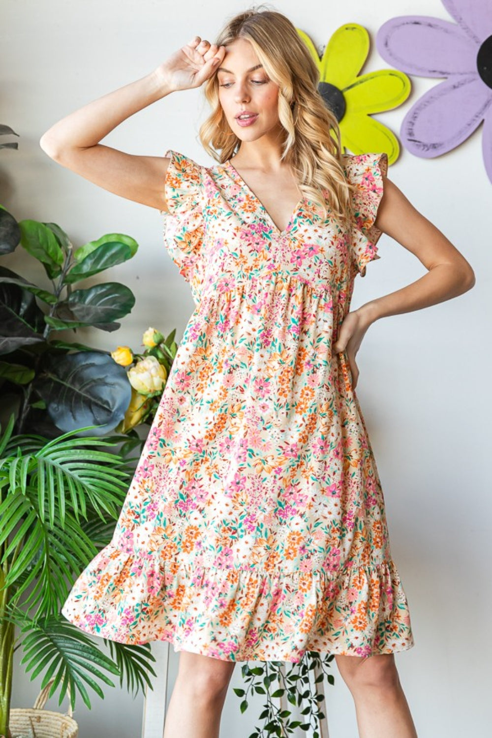 Heimish  Floral Ruffled V-Neck Dress - Shop All Around Divas