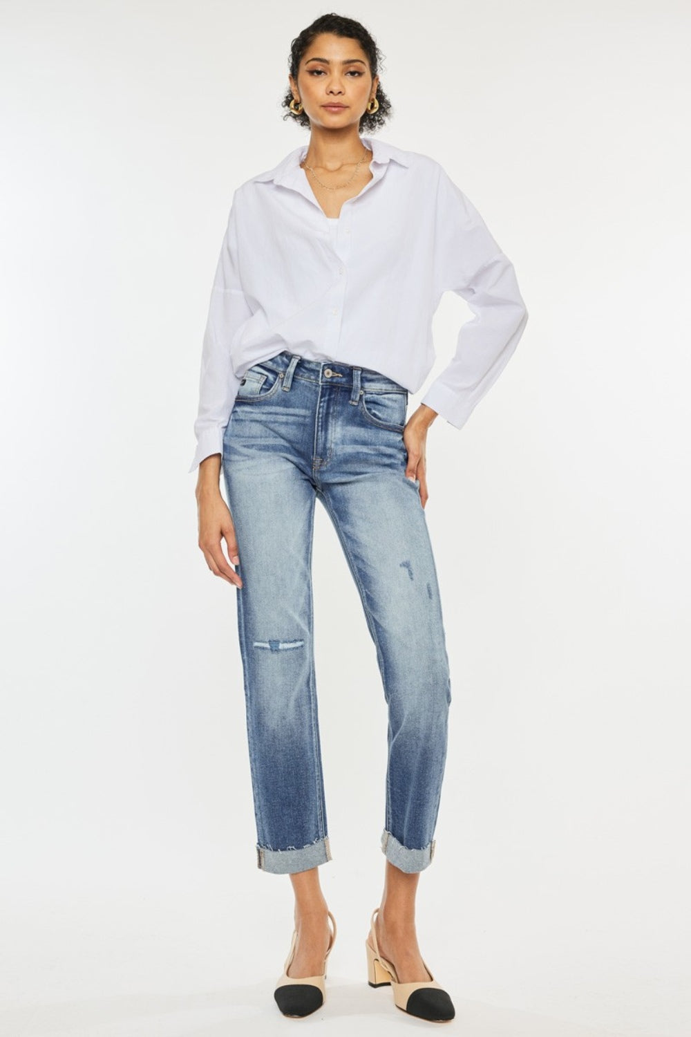 Kancan High Rise Cuffed Straight Jeans Trendsi