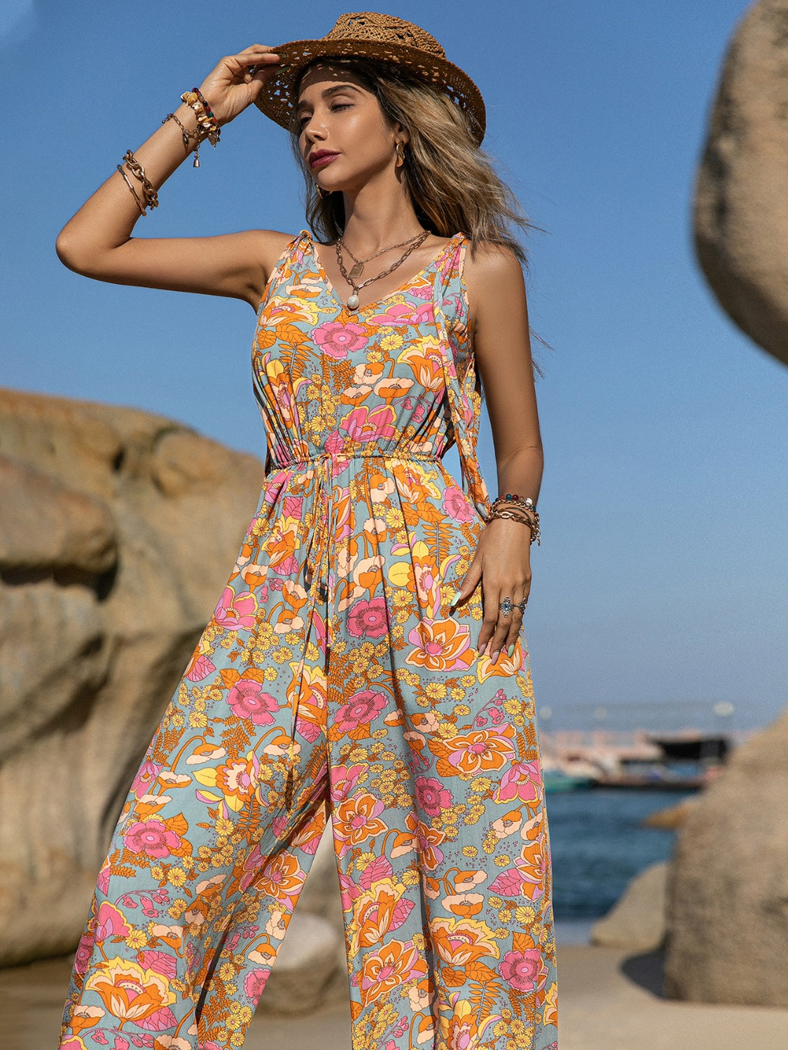 V-Neck Wide Leg Jumpsuit Trendsi