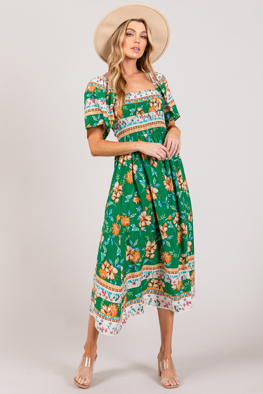 SAGE + FIG Printed Smocked Short Sleeve Midi Dress - Shop All Around Divas