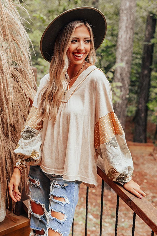 Printed V-Neck Long Sleeve Blouse