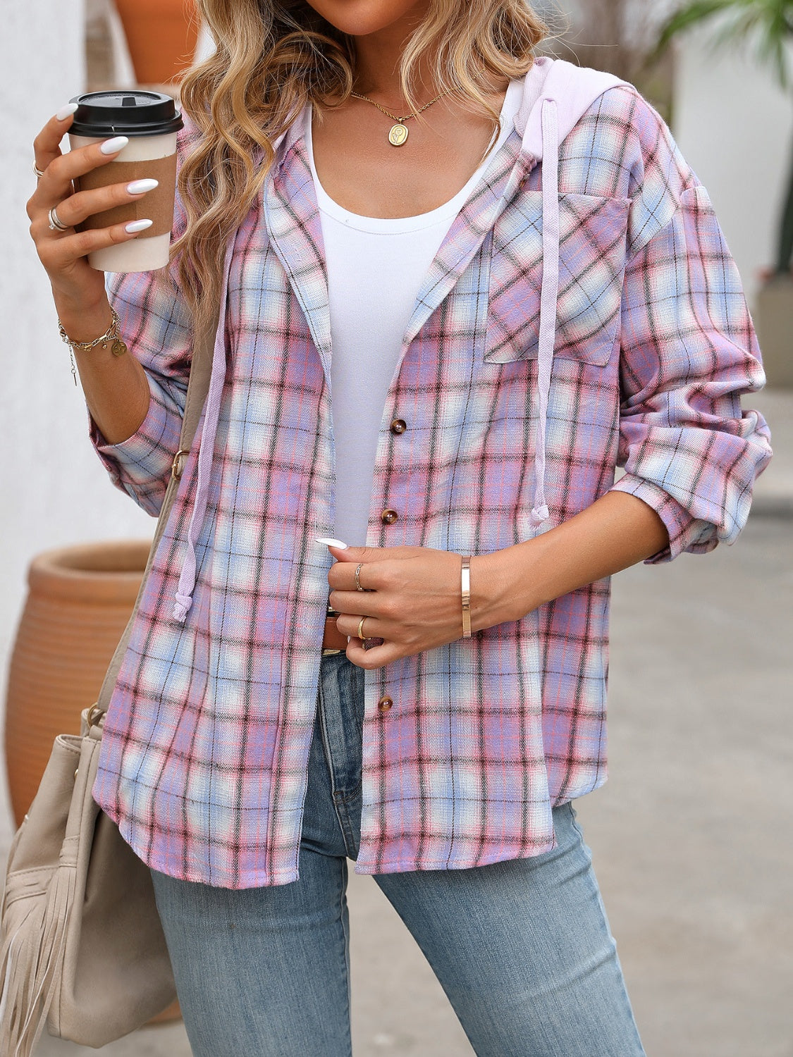 Plaid Long Sleeve Hooded Jacket - 5 Colors Trendsi