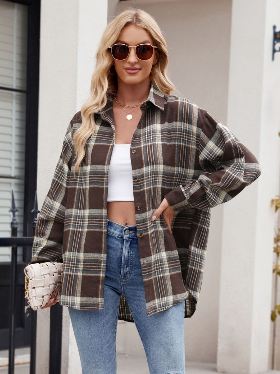 Pocketed Plaid Collared Neck Long Sleeve Shirt- 6 Styles Trendsi