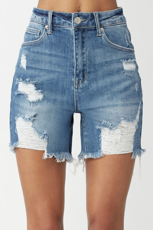 RISEN High Waisted Distressed Denim Shorts - Shop All Around Divas