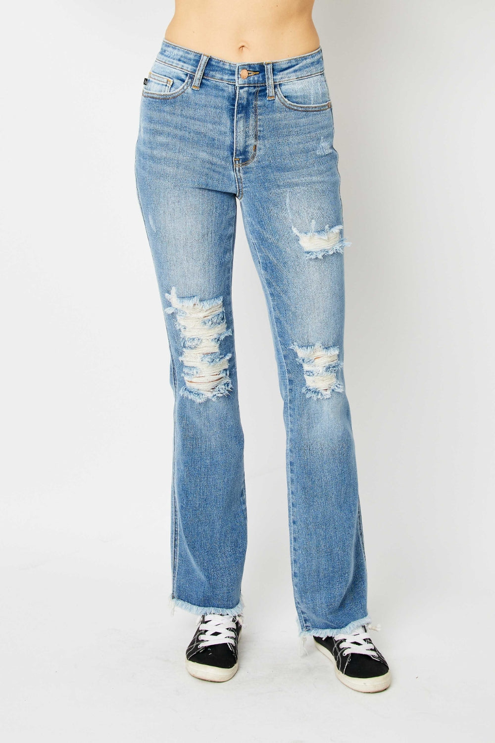 Judy Blue Full Size Distressed Raw Hem Bootcut Jeans - Shop All Around Divas