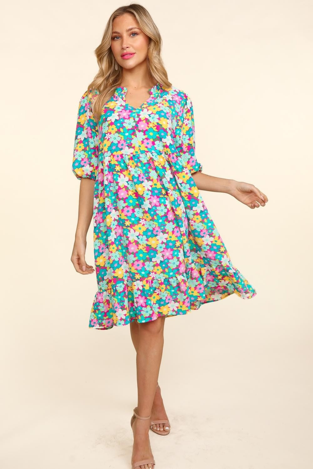 Haptics Bubble Sleeve Floral Ruffled Dress - Shop All Around Divas